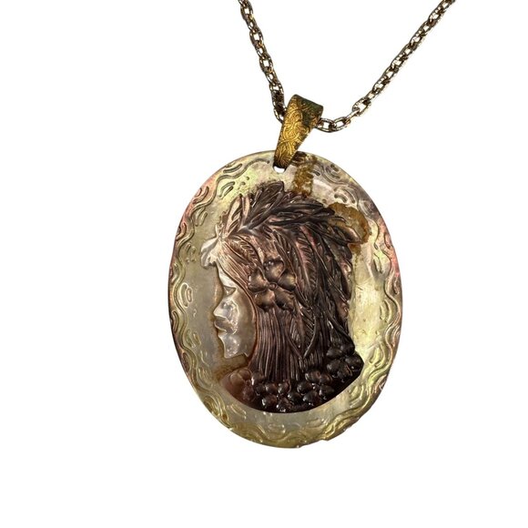 Vintage Carved Mother Of Pearl Cameo Necklace Womans Profile Gold-Tone Chain - Picture 6 of 6